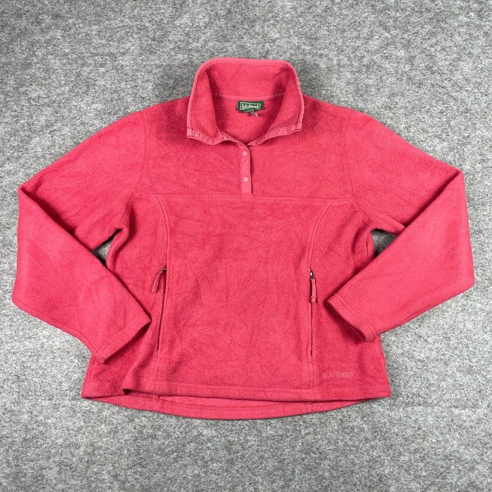 LL Bean Fleece Pullover Womens Medium Pink Snap Neck Mock Neck Pockets 13193